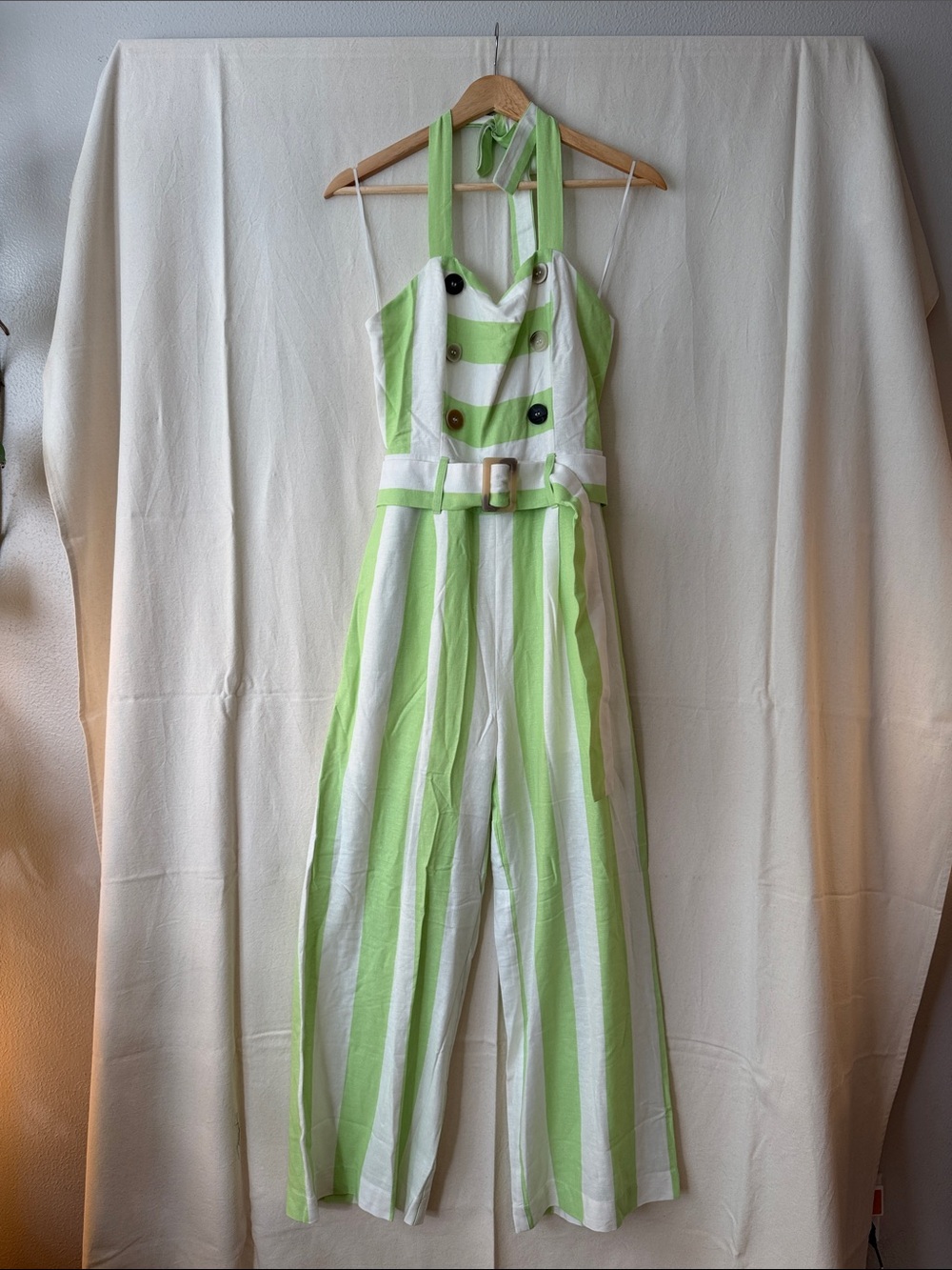 Moon River Lime Green & White Striped Halter Jumpsuit with Belt